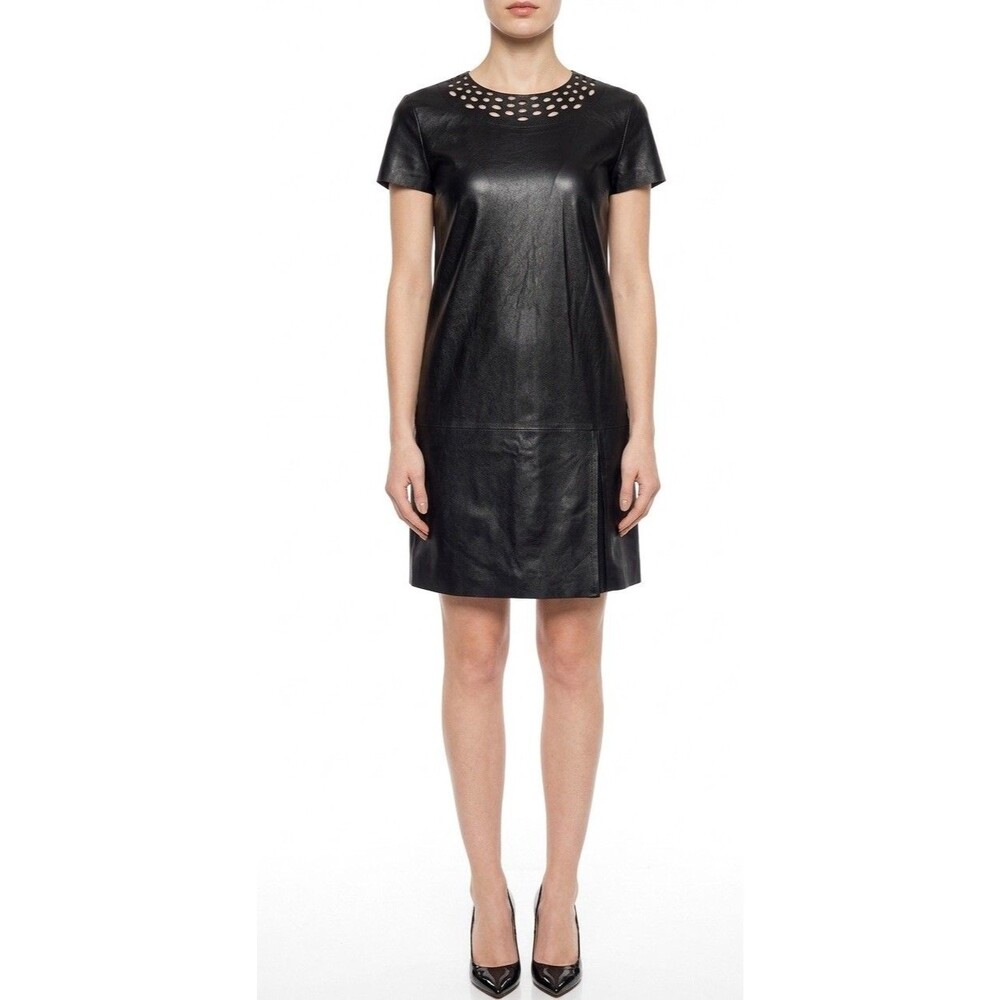 DIANE VON FURSTENBERG "YVANNA" BLACK LEATHER SHORT MINI DRESS Sz 4